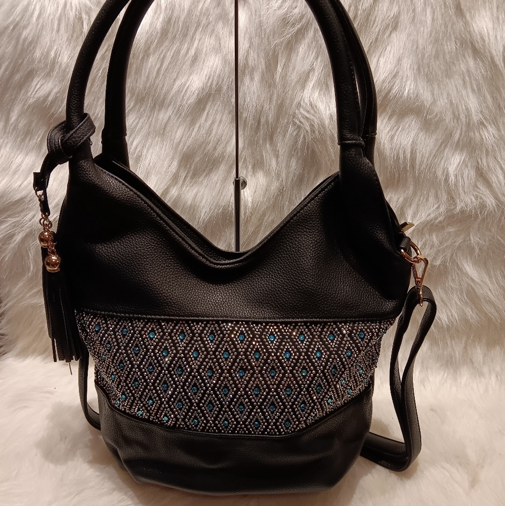 RHINESTONE BLING ACCENT BANDED SHOULDER BAG